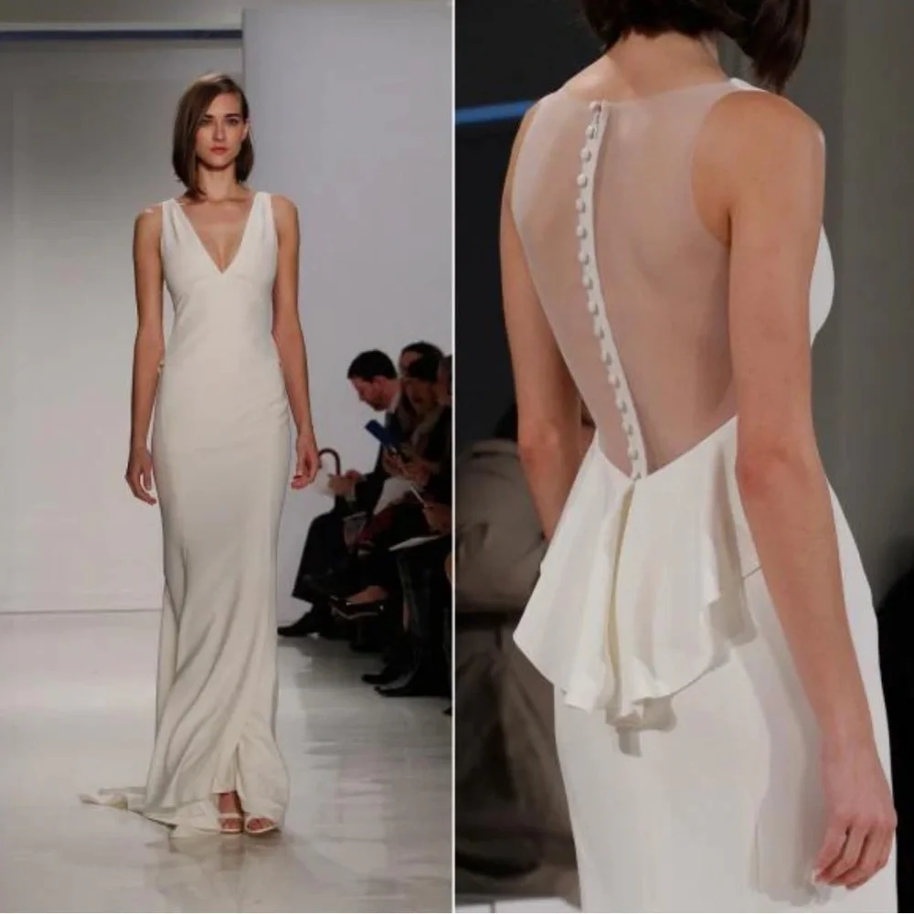 Amsale Demi Silk Crepe Sheer Back Button Ivory Wedding Gown in Size 14 - Picture 2 of 10